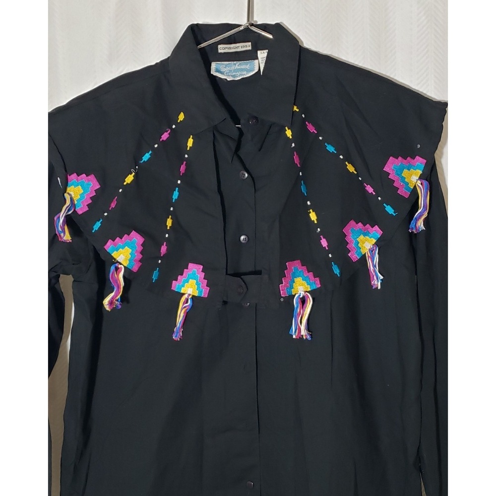 Vintage 90s Southwest Canyon Embellished Embroidered Black Women's Shirt Size M